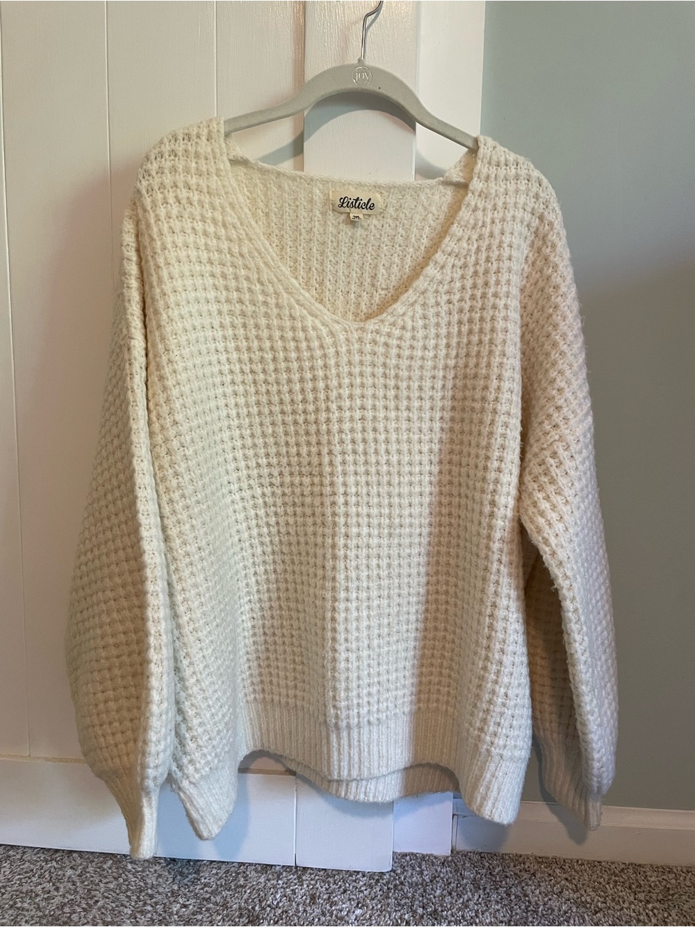 Listicle Cream V-Neck Waffle Knit Pullover